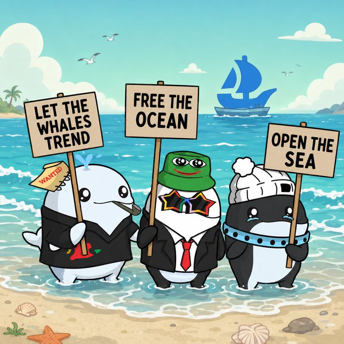 The image features three cartoon penguins standing in shallow water at a beach with signs that say "Free the Whales, Open the Sea". The penguins are dressed in suits and hats, giving them a professional appearance. One of the penguins is holding a sign that says "Let the whalers trend", while another one has a sign that reads "Open the sea". A third penguin stands next to two others, also holding a sign with the message "Free the Whales, Open the Sea". The background shows an ocean and a boat.