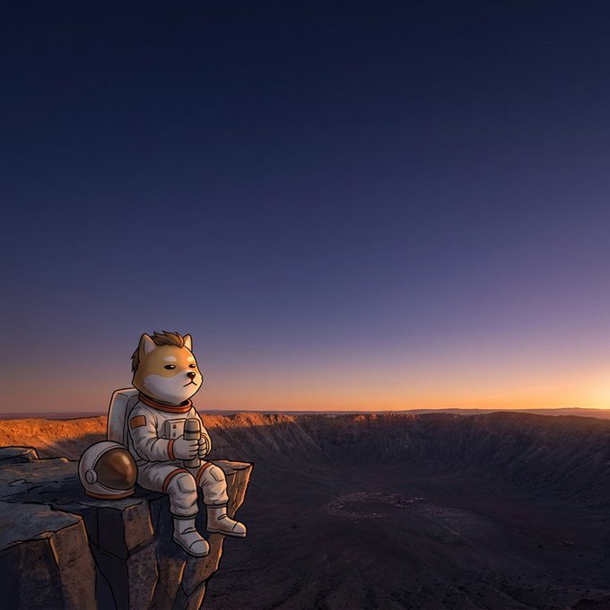 An illustration of a Shiba Inu dog wearing an astronaut suit sitting on a cliff overlooking a vast canyon at sunset.