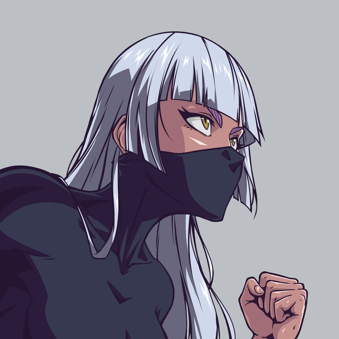 An anime-style illustration of a dark-skinned character with long silver hair, yellow eyes, and a dark face mask covering the lower half of their face, with a clenched fist raised.