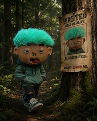 A 3D-rendered cartoon character with bright blue hair and exaggerated lips walks through a dark forest past a 'WANTED' poster offering a 10,000 reward for their capture.
