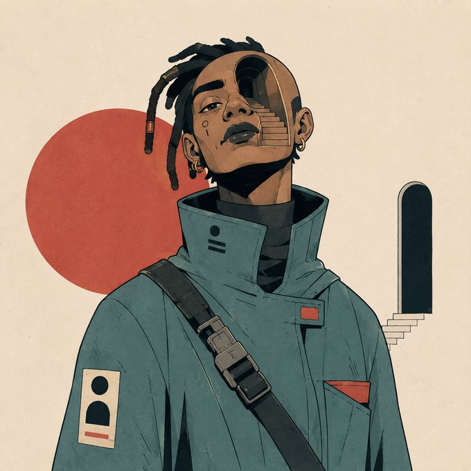 A stylized digital illustration depicts a man with dreadlocks and a cybernetic face, wearing a teal jacket with a shoulder strap, alongside a red circle.