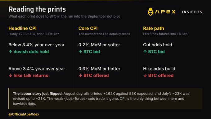 An APEX Insights slide titled 'Reading the prints' detailing how Headline CPI, Core CPI, and Rate path prints will affect BTC in the run-up to the September dot plot, with a note that August payrolls printed +162K.