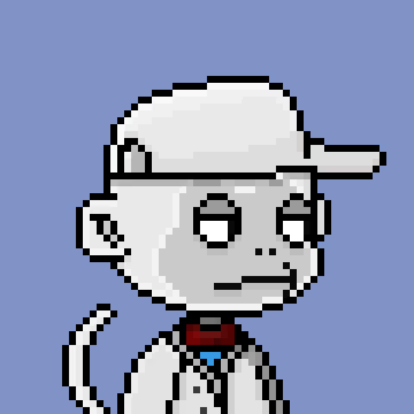 A pixel art character of a pale figure wearing a white cap and red collar, set against a solid lavender-blue background.