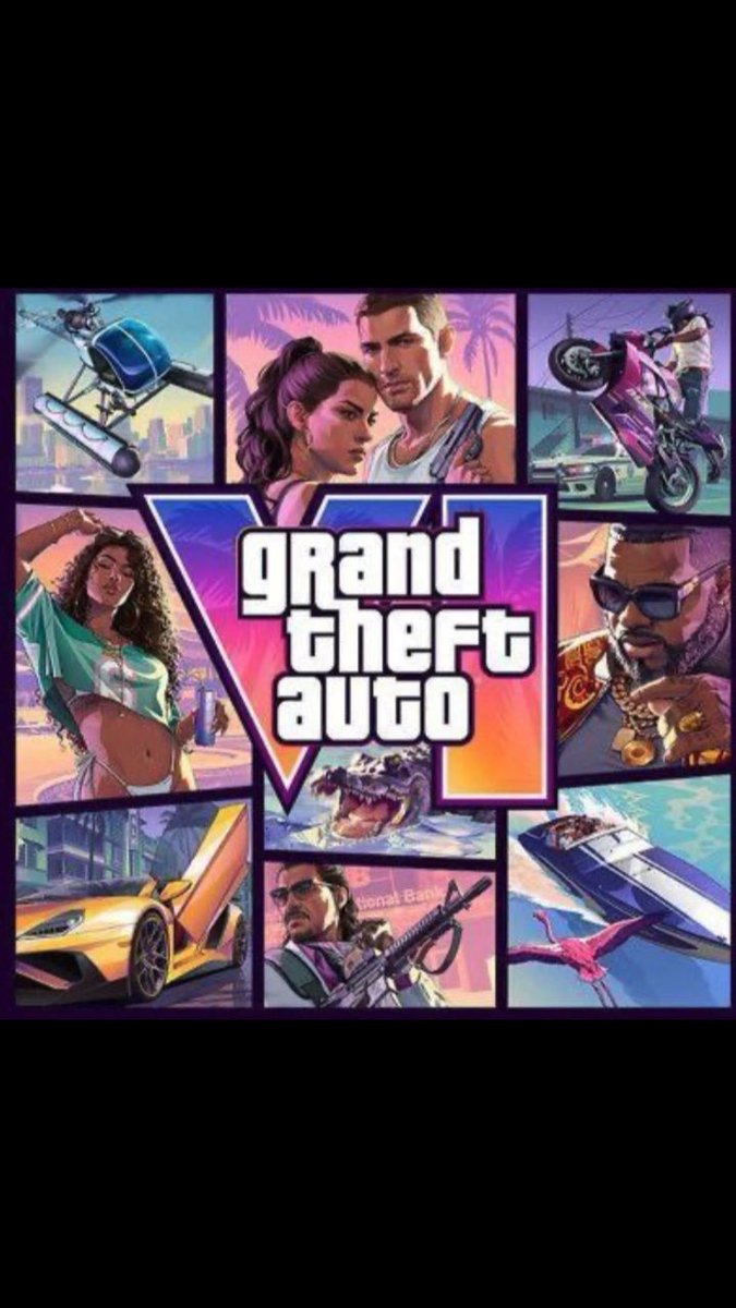 Cover art for Grand Theft Auto VI (GTA 6), featuring the iconic "VI" logo surrounded by illustrated panels of characters, vehicles, and a crocodile.