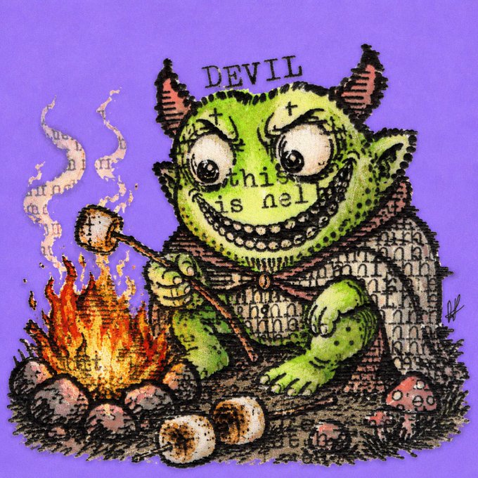 A green devil troll character with horns, a wide grin showing pointed teeth, and the words "DEVIL" and "this is me" written on its face, roasting a marshmallow over a campfire with the partial phrase "HE'S HOT" visible below—all set against a purple background. This illustration showcases the signature whimsical style of @mallowdotart, whose name the accompanying post asks viewers to learn.