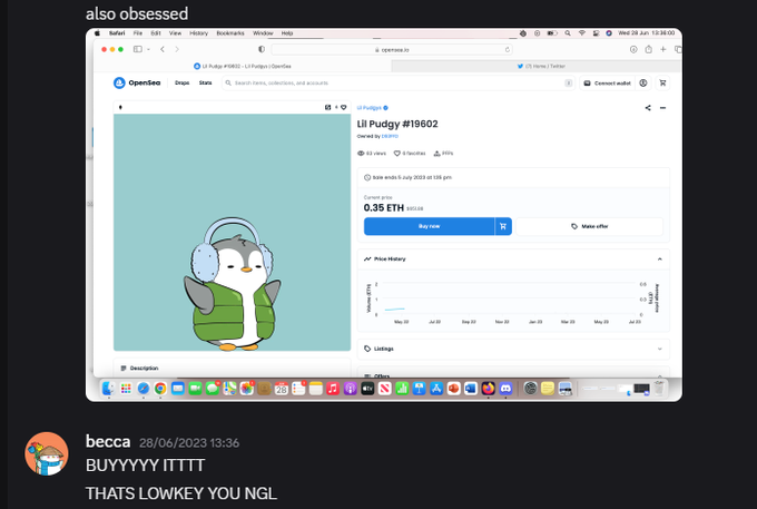 A screenshot from June 28, 2023 shows OpenSea listing #19602 for "Lil Pudgys" priced at 0.35 ETH (~$618.84), with user "becca" commenting "BUYYYYY ITTTT THATS LOWKEY YOU NGL." The image supports the post's nostalgic reflection on championing a friend's NFT collection, capturing an early moment of support for Maya's Lil Pudgy project with the characteristic excitement of early collectors.