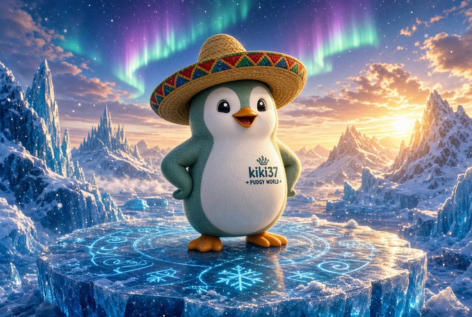 3D-rendered image of a penguin wearing a sombrero and a shirt reading 'kiki37 - PUDGY WORLD' standing on a mystical ice platform with glowing runes, set against an aurora-borealis-lit Arctic landscape.