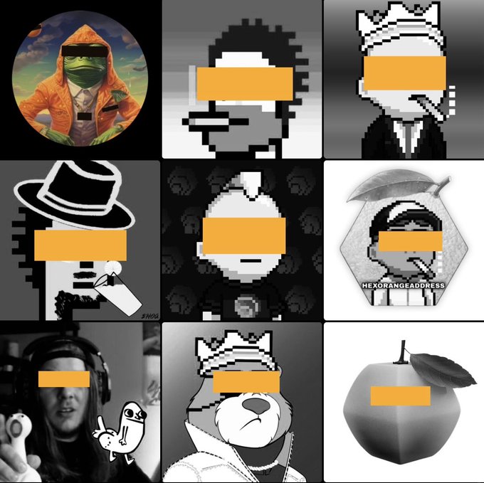 A 3x3 grid of black-and-white pixel art avatars, each featuring an orange censored bar over the eyes, representing profile pictures for a chat platform.