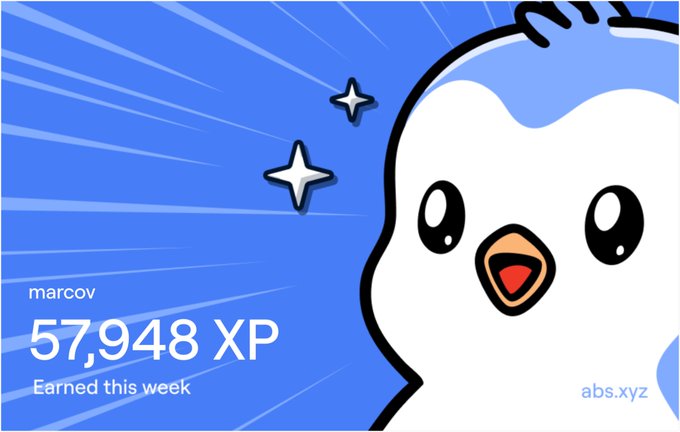 A digital graphic with a blue background shows a white cartoon bird character alongside the text 'marcov', '57,948 XP', 'Earned this week', and 'abs.xyz'.