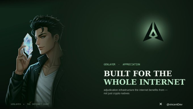 A promotional graphic for 'GENLAYER' with text 'BUILT FOR THE WHOLE INTERNET' and an anime-style character holding a glowing crystal.