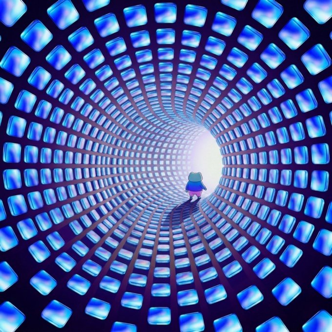 urn of blue glass cubes arranged in a circular pattern, with a small figure standing in the center against a dark purple background.