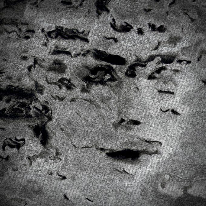 A grayscale, textured close-up portrait of a face rendered in a sketchy, heavily stylized artistic manner.