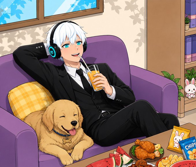 An anime-style illustration of a young man with white hair, wearing a suit and glowing headphones, lounging on a purple couch with a golden retriever and surrounded by snacks like watermelon and chips.