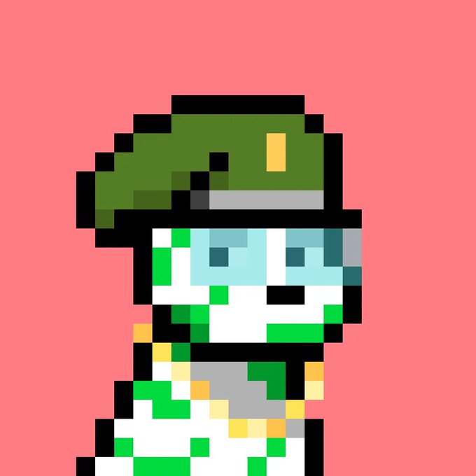 A pixel-art illustration of a green frog-like character wearing a green military cap, set against a pink background.