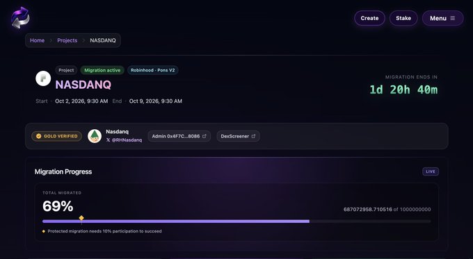 A webpage screenshot displays information for a cryptocurrency migration of a 'NASDAQ' token from 'Robinhood - Pona V2,' showing 69% total migrated with a timer counting down 1 day 20 hours 40 minutes.