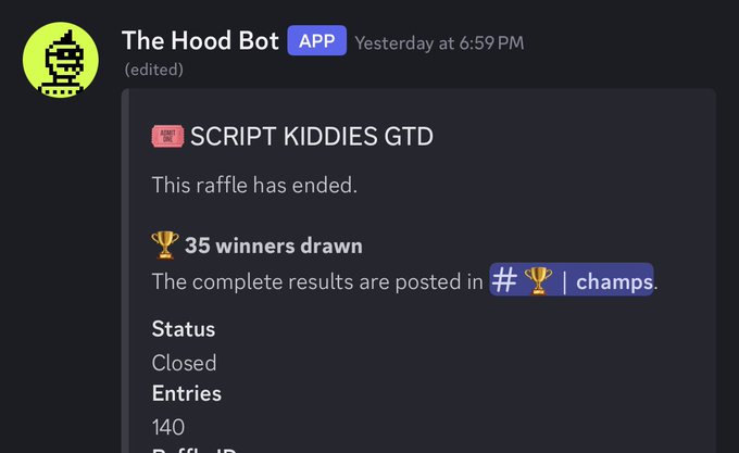 A Discord message from the 'Hood Bot' app announcing that the 'SCRIPT KIDDIES GTD' raffle has ended, showing 35 winners drawn and 140 Entries, with status marked as Closed.