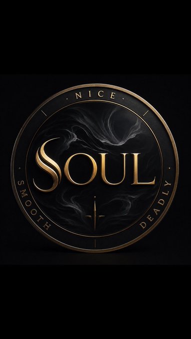 A dark circular emblem with gold lettering reads 'NICE SOUL' with 'SMOOTH' and 'DEADLY' inscribed around the border, featuring swirling smoke patterns in the center.