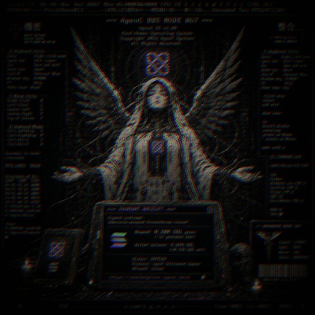 The image features an angel statue with wings, standing next to a computer monitor or laptop screen. The background of the image is black, which contrasts with the angel's white figure. There are also some text elements present in the image that seem to be related to the post about the AgenC marketplace and agents.