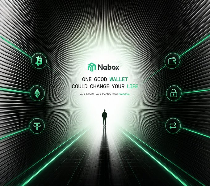 A promotional graphic for Nabox cryptocurrency wallet features a silhouette of a person walking toward a bright light, surrounded by icons for Bitcoin, Ethereum, and other crypto features with the text 'ONE GOOD WALLET COULD CHANGE YOUR LIFE.'