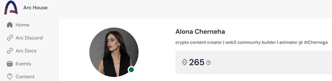 This image shows an Arc House account page with a person's name displayed and their profile picture. The person has a unique profile photo that consists of both a green face and a gray body, which stands out from typical profile photos. In the accompanying post, there is information about arc points and how they contribute to the growth of the community, as well as details on an upcoming event related to arc house.