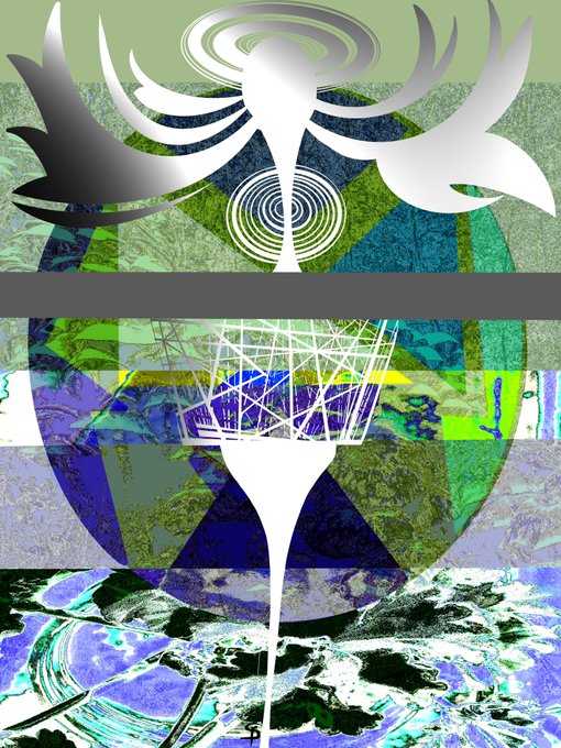 An abstract digital artwork features a central circular composition with geometric shapes, wing-like silver forms at the top, and a wireframe geometric structure in the middle over a blue and green textured background.