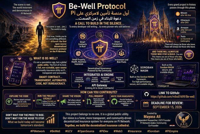 A promotional poster for the 'Be-Well Protocol' Pi Network project featuring Arabic text, a cathedral image, and various sections explaining smart contracts, governance, and development information.