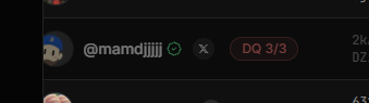 A close-up of a social media interface showing a user named '@mamdjiiijj' with a green verified checkmark, an X icon, and a 'DQ 3/3' badge.
