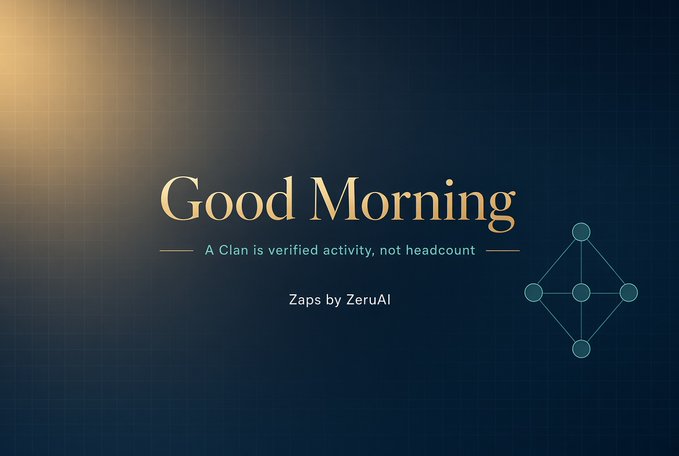 A graphic with a dark blue grid background displaying "Good Morning" in gold serif text, with the tagline "A Clan is verified activity, not headcount" and "Zaps by ZeruAI" alongside a geometric logo.