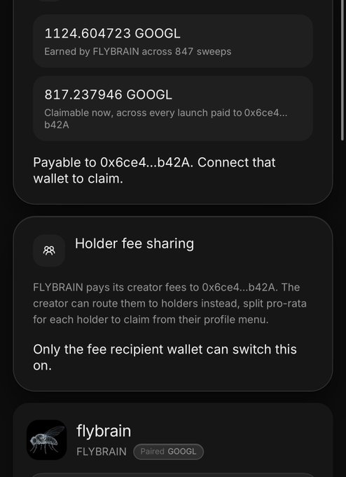 A dark-themed interface displays earnings and claimable amounts in GOOGL tokens (1124.604723 and 817.237946), earned by FLYBRAIN across 847 sweeps, with a section explaining holder fee sharing payable to wallet 0x6ce4...b42A.
