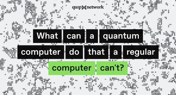 A graphic from Quanta Network with text on a pixelated background reading 'What can a quantum computer do that a regular computer can't?'