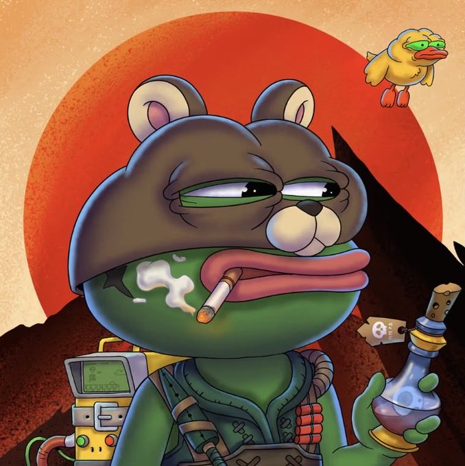 A smug, cigar-smoking Pepe frog in tactical gear holds a potion bottle against a red sun backdrop, accompanied by a yellow duck wearing a green mask—aligning with the post's celebration of collecting the @PepeExplorers NFT collection.