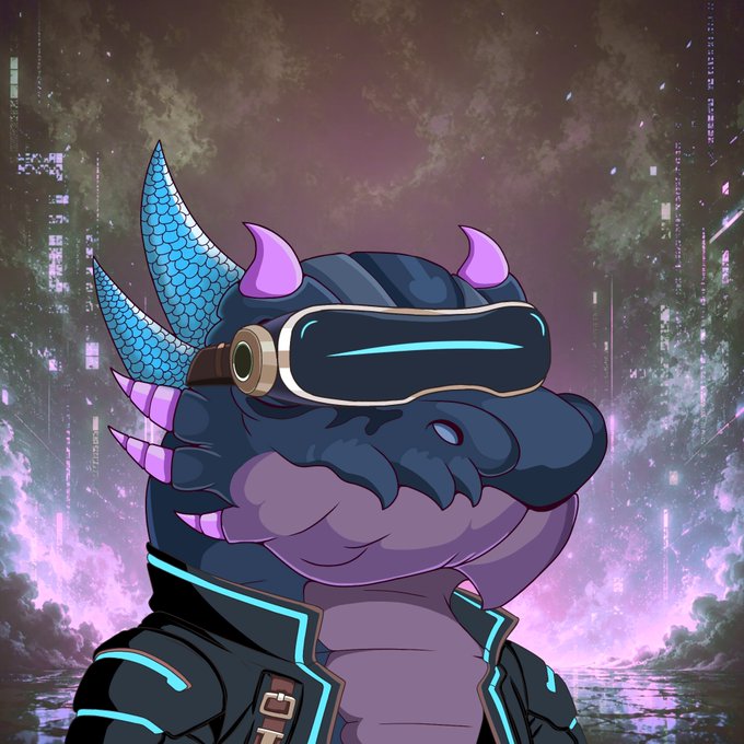 A digital illustration of a dark blue dragon-like character wearing a VR headset and a futuristic jacket with cyan accents, set against a neon cityscape.