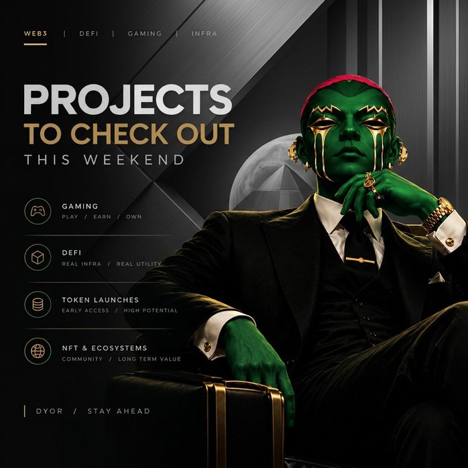 Promotional graphic titled 'PROJECTS TO CHECK OUT THIS WEEKEND' listing categories: Web3 (Gaming, DeFi, Infra) including token launches and NFTs, featuring a green-skinned character wearing a red beanie.