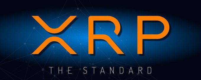 The image displays a stylized "XRP" logo in bold orange lettering with the tagline "THE STANDARD" beneath it, set against a dark blue background with subtle network-like graphics. This visual reinforces the post's message of resilience and triumph, positioning XRP as the steadfast standard that the army held onto through the crypto storm.