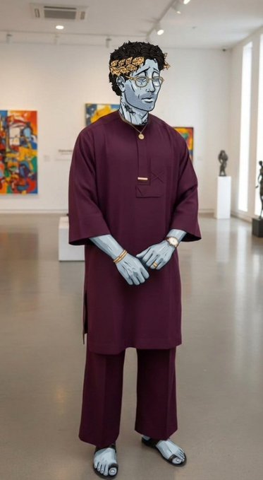A gallery sculpture depicts a figure with blue-gray skin wearing a maroon tunic, glasses, and a golden laurel crown, standing with hands clasped in front of colorful paintings.