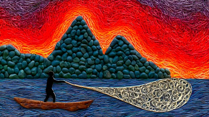 A vibrant, surreal painting shows a silhouetted figure in a wooden boat using an ornate spoon-shaped paddle on blue water, with stone mountains and a swirling red and purple sky in the background.