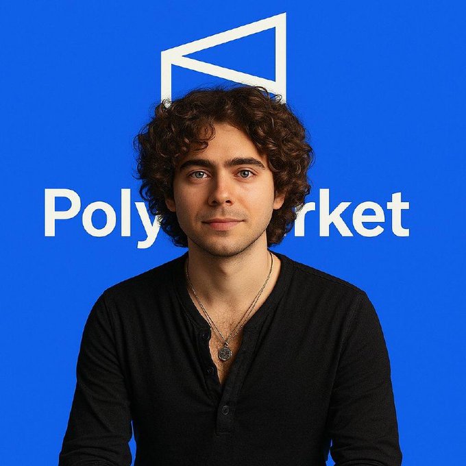 A portrait of a young man with curly dark hair wearing a black shirt, set against a blue background featuring the Polymarket logo.