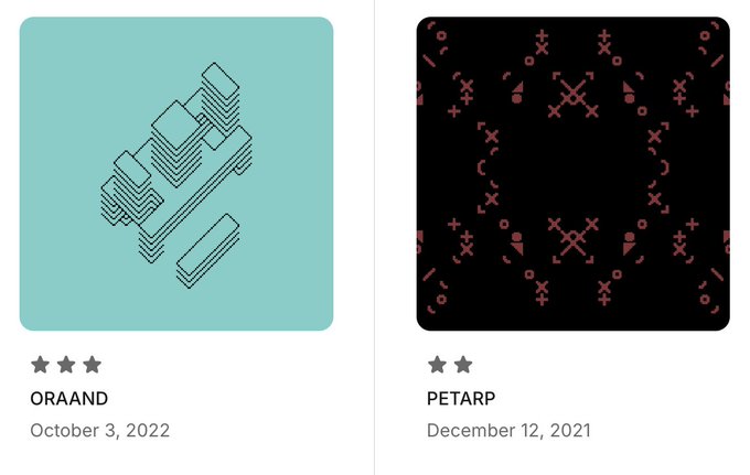Two digital art thumbnails titled 'ORAAND' (October 3, 2022) showing 3D blocks on teal, and 'PETARP' (December 12, 2021) showing red symbols on black.