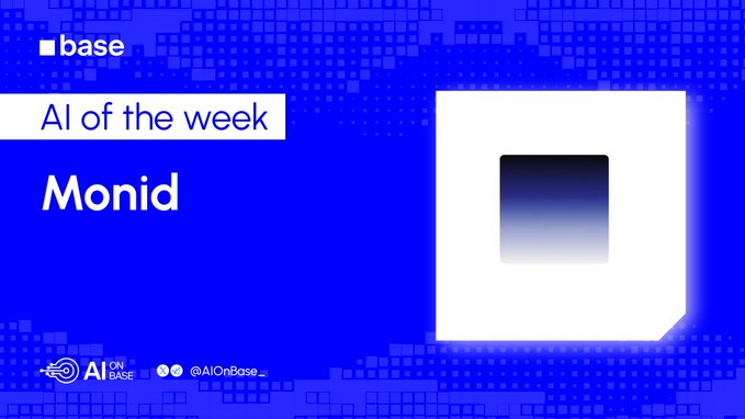A blue promotional graphic highlighting 'Monid' as the AI of the week from Base and AI on Base.