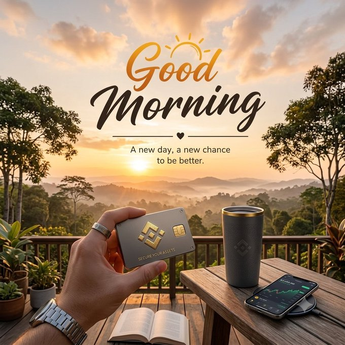 A 'Good Morning' graphic showing a hand holding a metallic crypto card next to a tumbler and smartphone displaying charts, set against a sunrise over a mountainous landscape with the text 'A new day, a new chance to be better.'