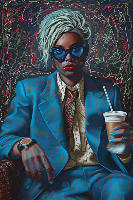 A stylized painting of a person with short, swept-back hair and blue sunglasses, wearing a blue suit over a patterned shirt and tie, holding a coffee cup while seated against a background of colorful, chaotic line scribbles.