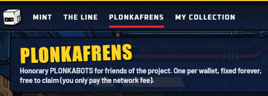 A screenshot showing the 'PLONKAFRENS' tab on a website navigation bar with the description: 'Honorary PLONKABOTS for friends of the project. One per wallet, fixed forever, free to claim (you only pay the network fee).'