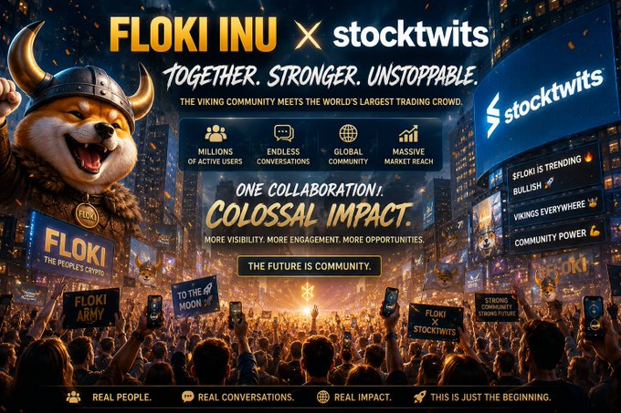 The image features a poster for a movie called "Floki Inu" with a large crowd of people gathered around, some holding signs that say "FLOKI INU" and "STOCKTWITTS". The poster also includes information about a partnership between Floki Inu and Stocktwits. The text on the poster suggests that this collaboration is aimed at creating a new audience reach for both companies by combining their strengths in social media marketing, which can help them overcome the odds of competing against each other in the market.