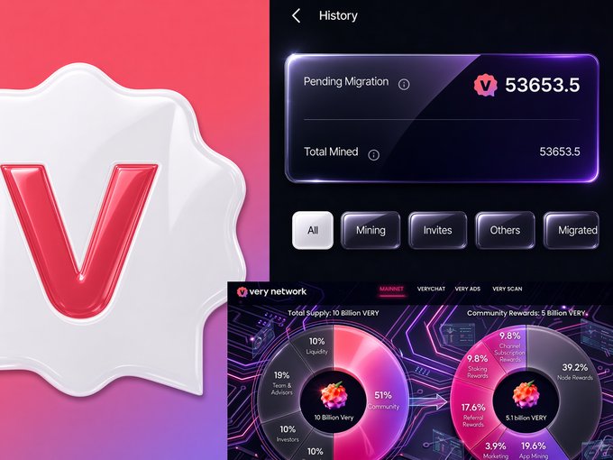 A promotional graphic for VeryChat (VERY) network mining featuring a 3D "V" logo alongside a History screen showing "Pending Migration" and "Total Mined" of 53653.5 tokens, plus token distribution charts displaying a 10 billion VERY total supply with 51% allocated to Community and 39.2% to Node Rewards. The image visually reinforces the post's reminder about the live VeryChat migration and planned Q4 2026 listing, highlighting mining rewards and token economics to encourage users to return to the platform.