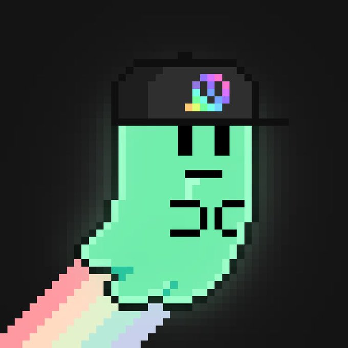 A pixel art portrait of a green, blocky character with a somber expression, wearing a black cap featuring a rainbow-colored lowercase 'e' logo.