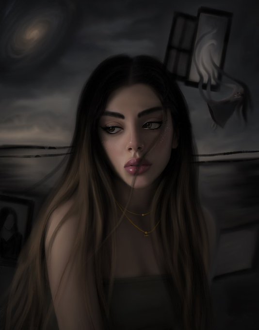 A digital painting of a young woman with long dark hair and a pensive expression, surrounded by surreal elements including a window frame and floating forms, set against a moody dark sky with a spiral galaxy. The artwork appears to be an NFT listing on objkt.com, titled "Stunned," edition 2 of 5, priced at 50 XTZ, with the melancholic atmospheric style of the piece reflecting its evocative title.