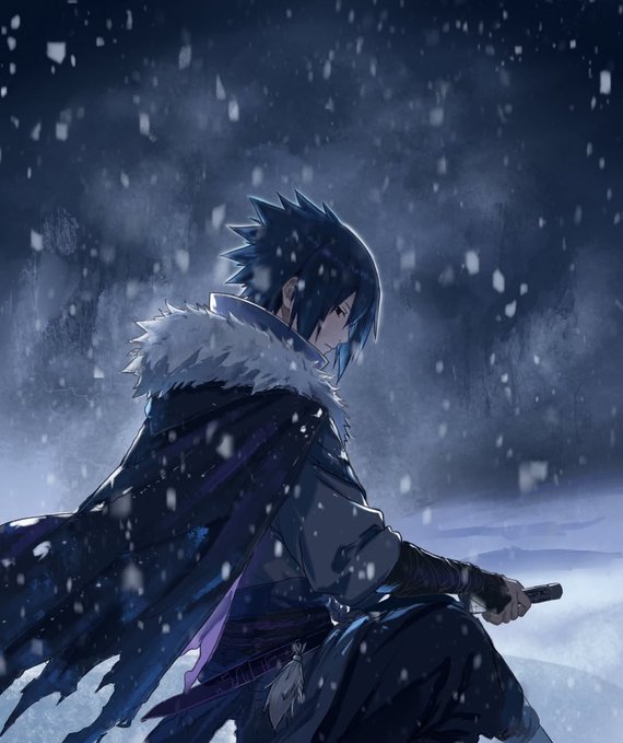 An anime illustration of a spiky-haired warrior in a fur-trimmed dark cloak holding a sword while standing in a snowy environment.