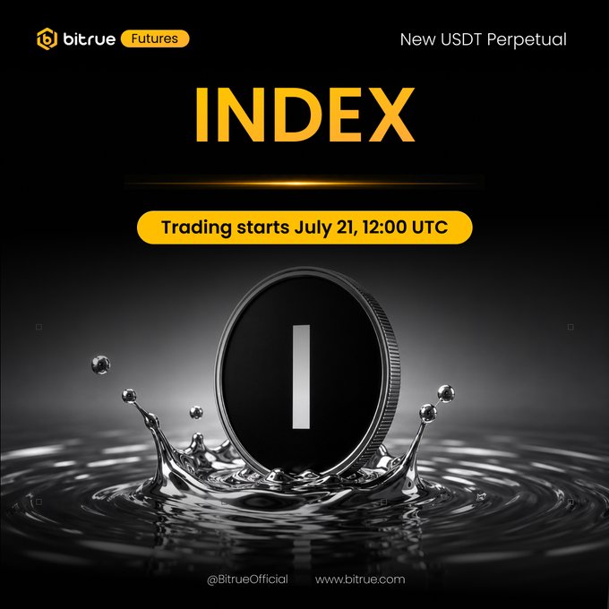 The image is a Bitrue Futures promotional banner announcing a new USDT Perpetual contract for INDEX, with trading set to begin on July 21 at 12:00 UTC. It features the Bitrue logo, "New USDT Perpetual" text, and a sleek 3D rendering of a coin splashing into water, visually aligning with the announcement of $INDEXUSDT trading on the platform.