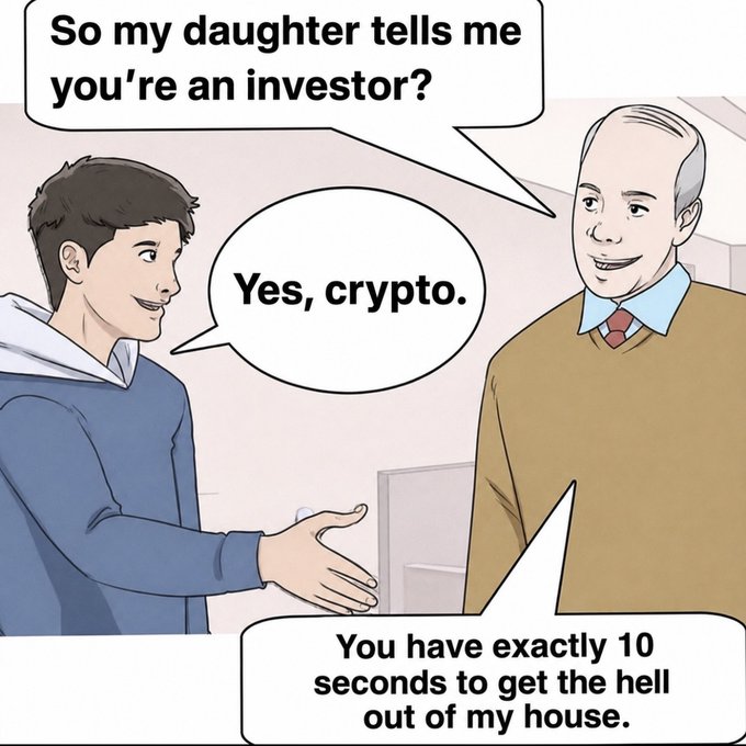 A comic panel depicting a young man telling an older father figure that he's a crypto investor, prompting the father to threaten kicking him out within 10 seconds.