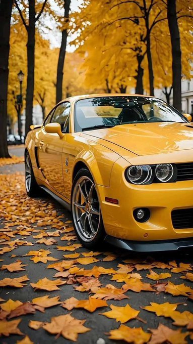A yellow sports car is parked on a street covered with fallen yellow autumn leaves, with more yellow-leaved trees lining the road.